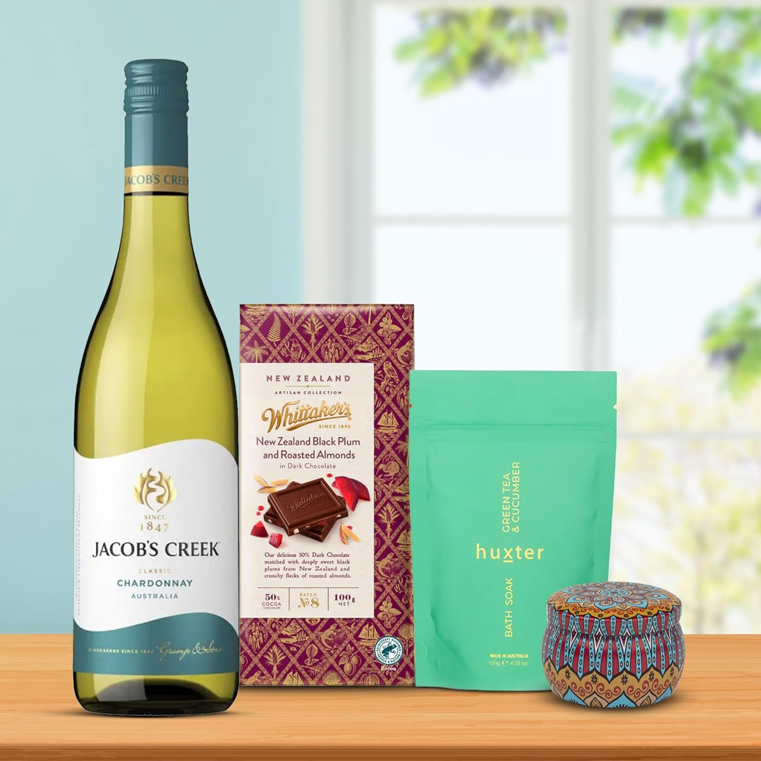 Luxury Pamper Hamper, Relaxation Gift Set, Green Tea Bath Soak, Chardonnay Wine, Scented Candle, Gourmet Chocolate, Perfect Birthday or Thank You Gift image number 4