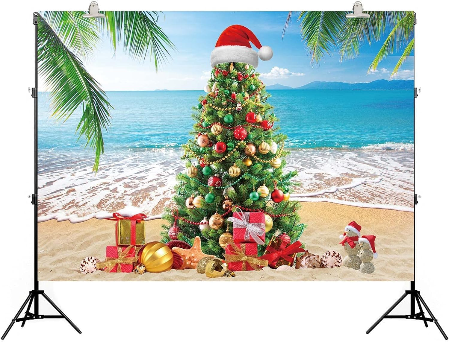 Summer Christmas Tree Backdrop Tropical Beach Xmas in July Photography Background Palm Leaves Blue Sky Ocean Christmas Family Holiday Party Photo Backdrop (10X8Ft(120X96 Inch))