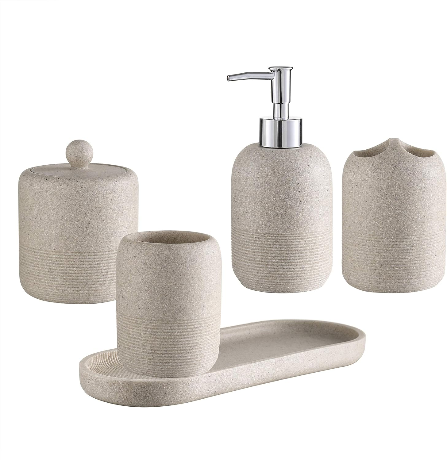 5-Pieces Bathroom Accessory Set Hight Quality Polyresin Ensemble-Lotion Dispenser/Toothbrush Holder/Cotton Jar/Tray/Tumbler Cup, Beige image number 2