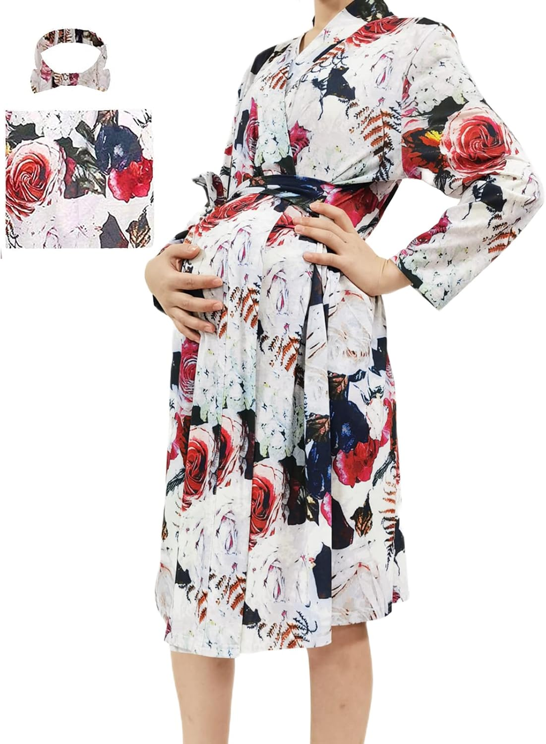 SUFEINI Maternity Robe and Matching Baby Swaddle Blanket Set, Mommy Robe with Receiving Blanket Girls Boys Sleepwear, A31-Green, Small