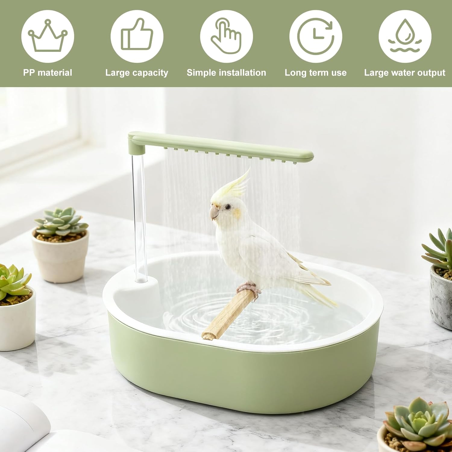 NIPUAEGO Bird Automatic Bathtub, Birds Baths Box, Parrot Tub Shower Fountain, with a USB 5V Pump, Parrot Electric Bathtub Shower, for Lovebird Cockatiel Finches Cockatoo Conure Green image number 6