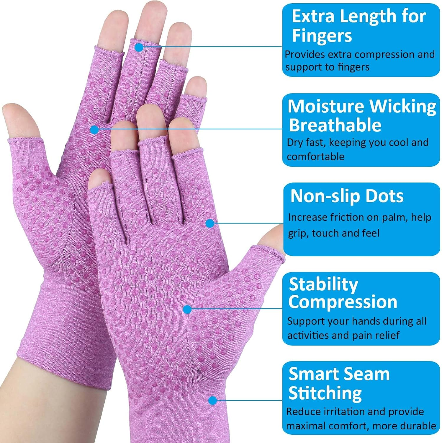 2 Pairs Arthritis Gloves for Women Men, Fingerless Compression Gloves for Hand Pain, Carpal Tunnel, Non Slip Dots image number 4