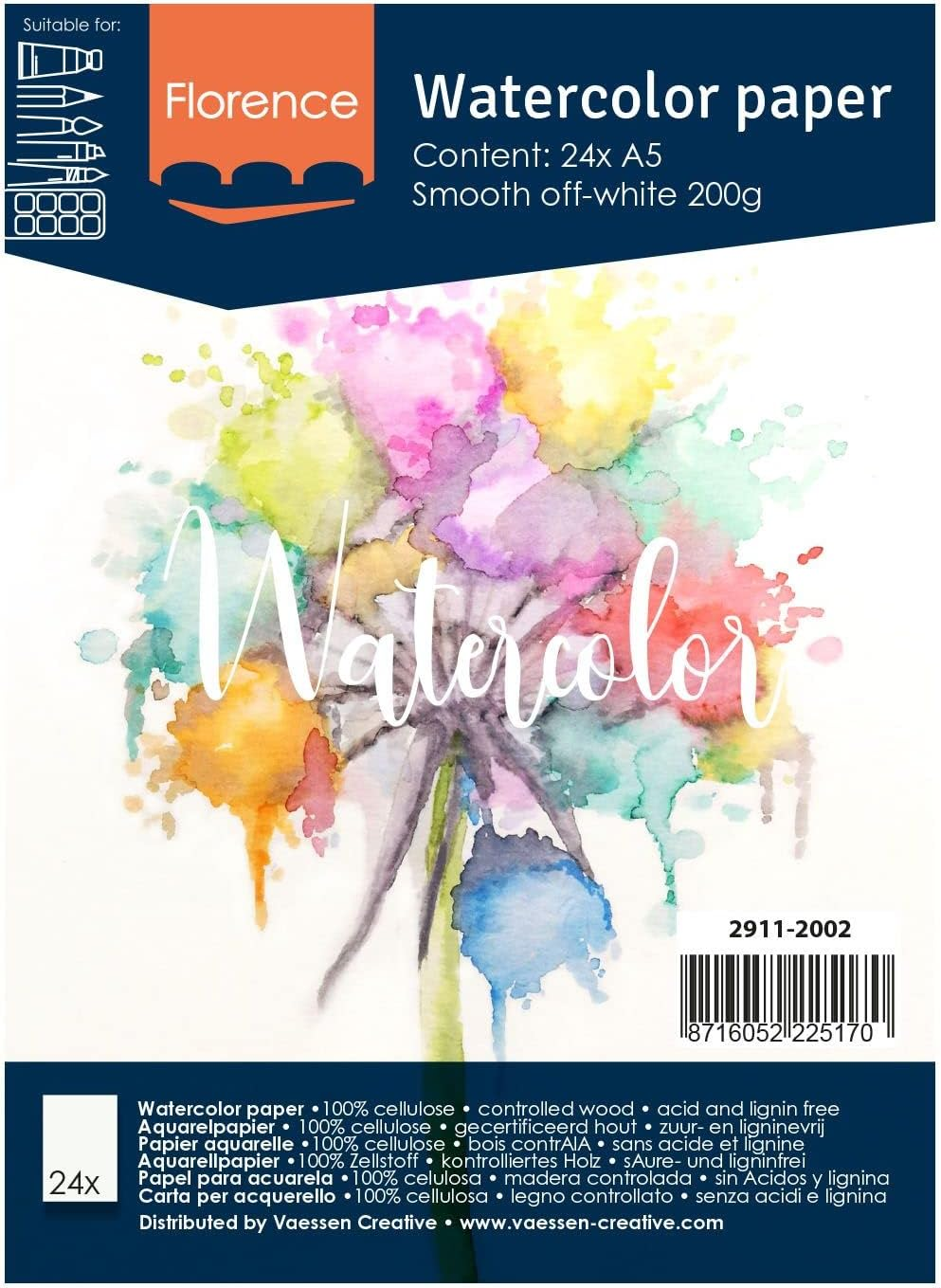 Vaessen Creative Florence Watercolour Paper 12X12 in Ivory, 300 GSM, Artist Grade Quality, Smooth Surface, 50 Sheets for Scrapbooking, Painting, Handlettering, Art Projects, 12 X 12