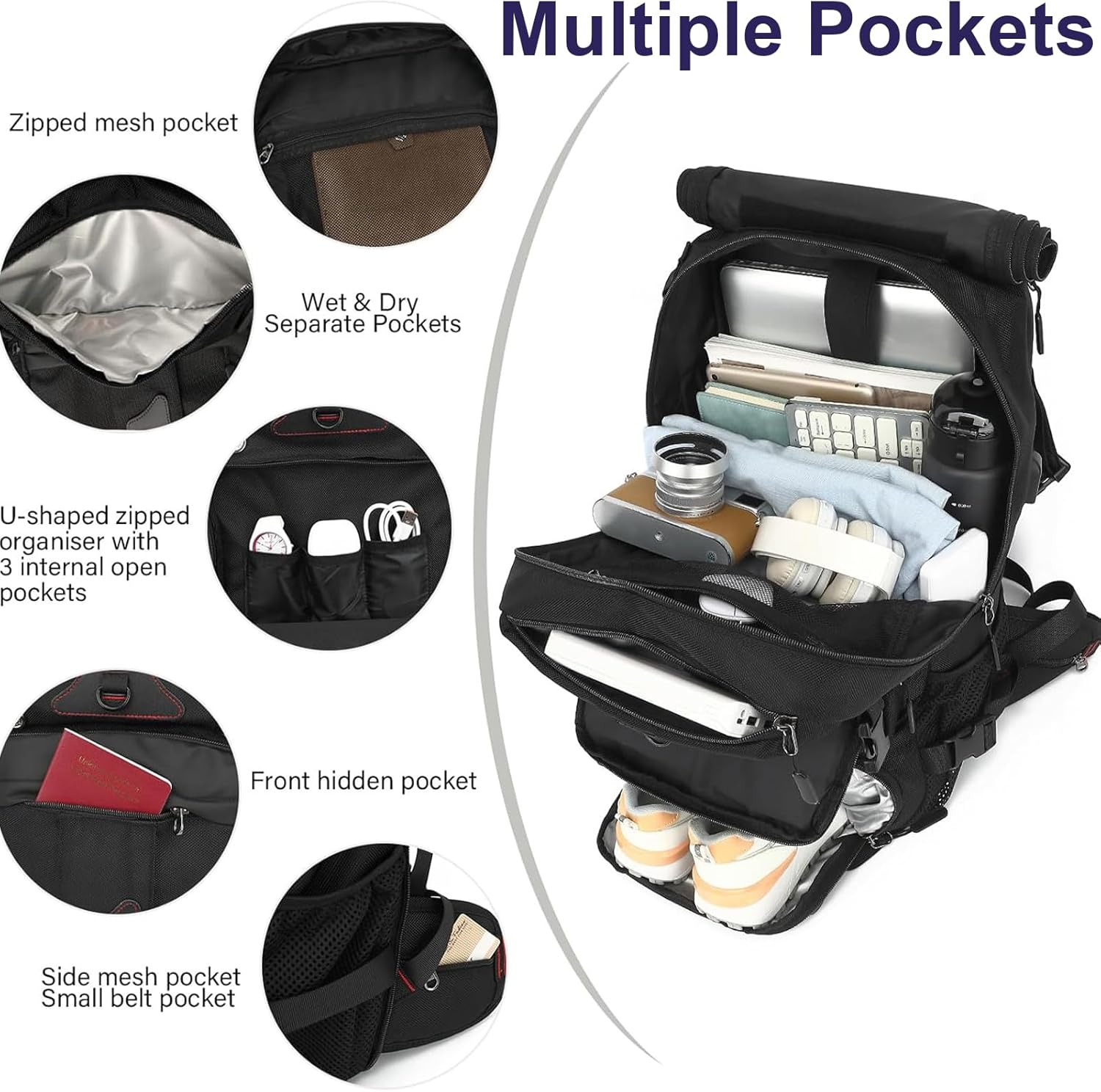 YUDSKU Travel Backpack 60L, Extra Large Carry on Backpack, Waterproof Travel Laptop Backpack, Durable Convertible Duffle Bag Fit for 17 Inch Laptop, with USB Charging Port, Shoe Compartment&Wet Pocket image number 5