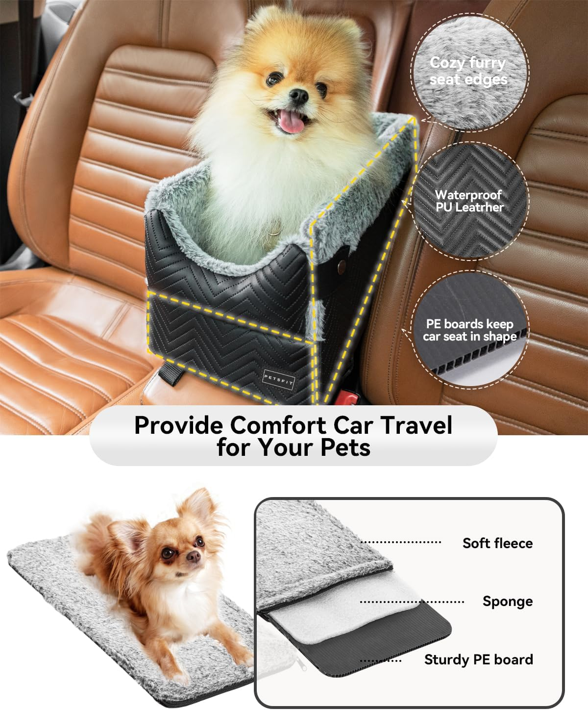 PETSFIT Center Console Dog Car Seat with Safe Protection Hooks, Upgraded Safety Tethers, Washable Cushion, Console Dog Seat for Small Dogs up to 9 Lbs image number 4