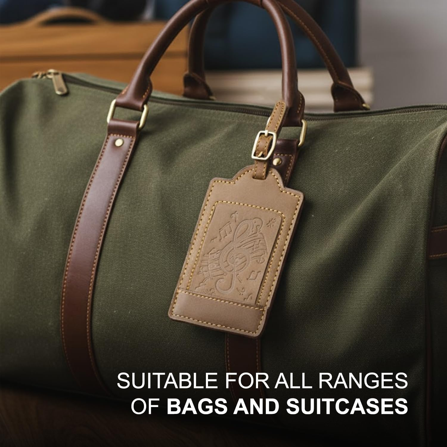 Sovereign-Gear - Two Brown Leather Luggage Tags - Music Embossed - Genuine Leather Luggage Tag for Suitcases, Stylish & Durable Travel Accessory image number 3