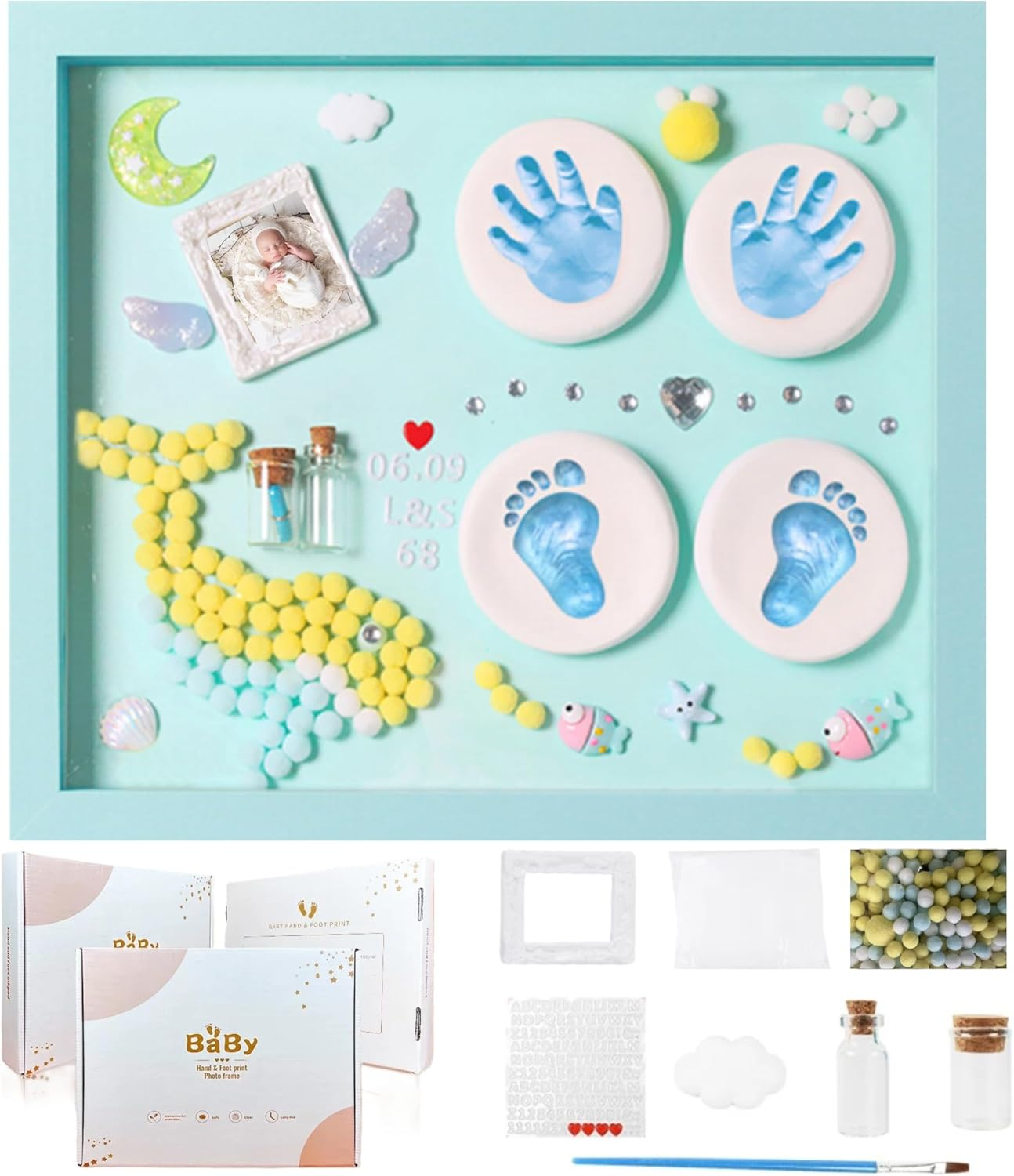 Blue Green Footprint and Handprint Personalized Picture Frame, All-In-One Boys Baby Shower Decorations for New Moms Gift, Set-With Hand and Foot Clay Mold and Casting Kit for Baby Registry Items, Newborn Essential Keepsake with Nursery Photo Frame image number 2