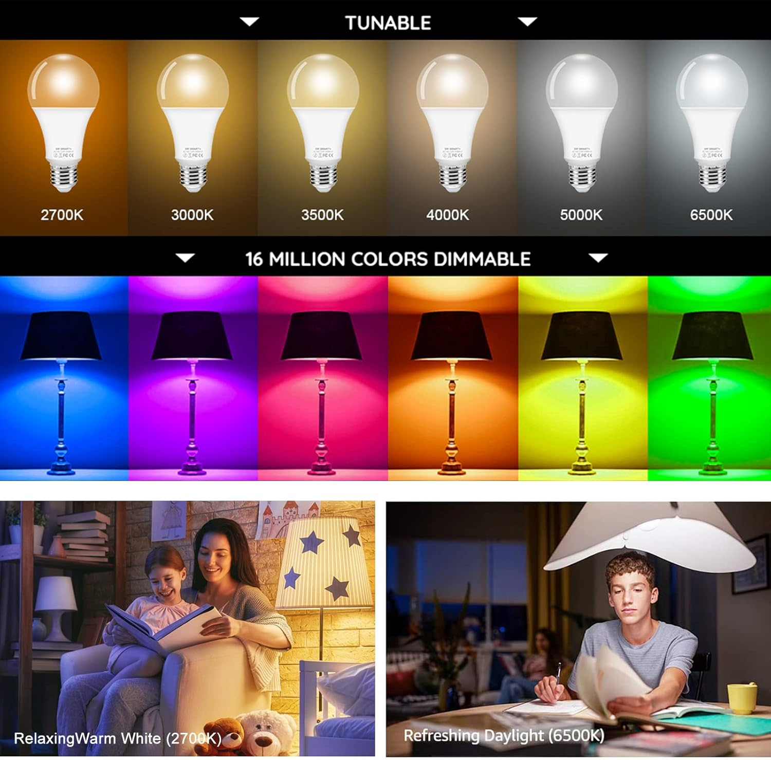 4 Pack Smart Wi-Fi LED Bulbs, E27 Light Bulbs, RGBW Smart LED Light Bulbs with 16 Million Colors, Cool and Warm White Light, Dimmable 2700K to 6500K White Lights image number 4