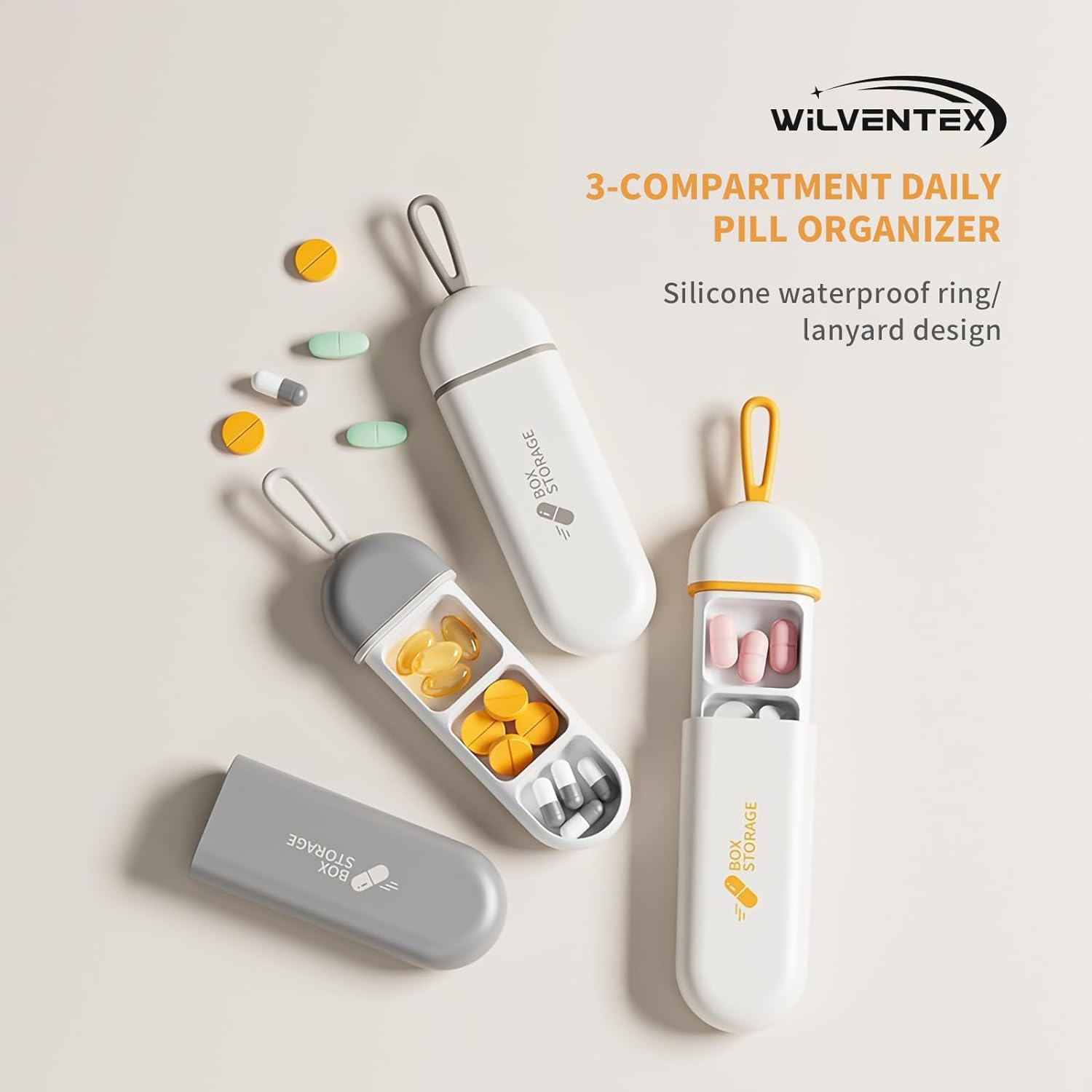 Travel Pill Organiser, 3 Cell Portable Waterproof Pill Box with Silicone Carrying Ring, Mini Pill Box Perfect for Office, Temporary Travel, Easily Put in Wallet. (Orange-White) image number 4