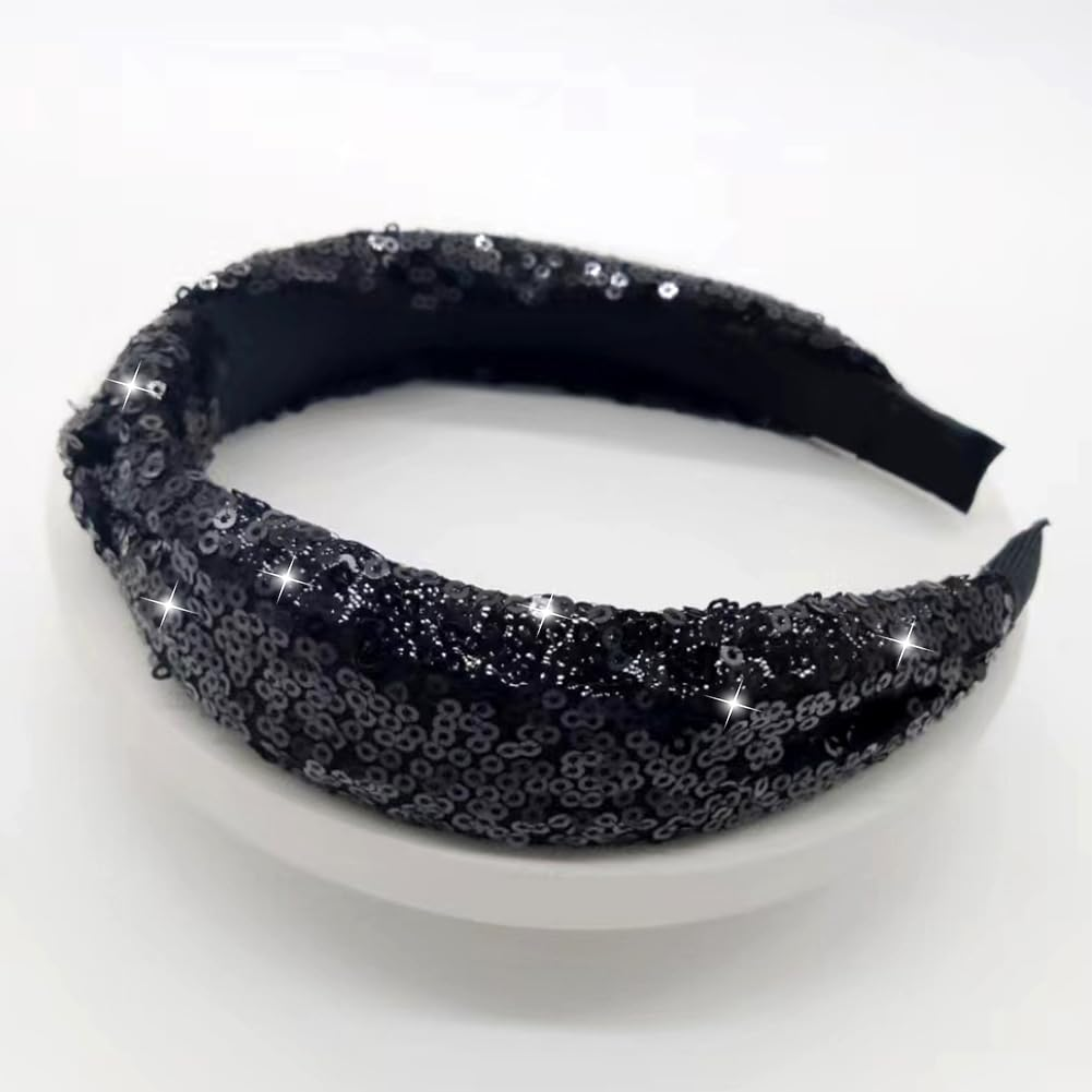 2Pcs Valentine&rsquo;S Day Headbands for Women Sparkle Red & Black Valentines Top Knot Embellished Headband Knotted Hairband Fashion Hair Hoops for Women Girls Valentine Party Gifts Hair Accessories image number 5