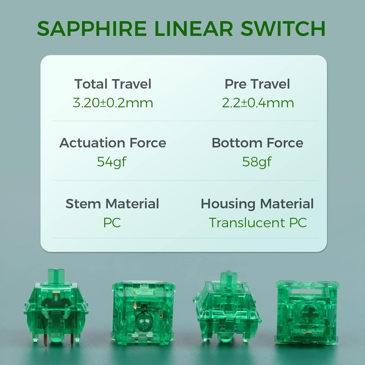 Kiiboom Linear 48Gf Emerald Mechanical Keyboard Switch, 5 Pin Switch with PC Stem, Translucent PC Housing, 35 Pieces for Gaming DIY Keyboard image number 6