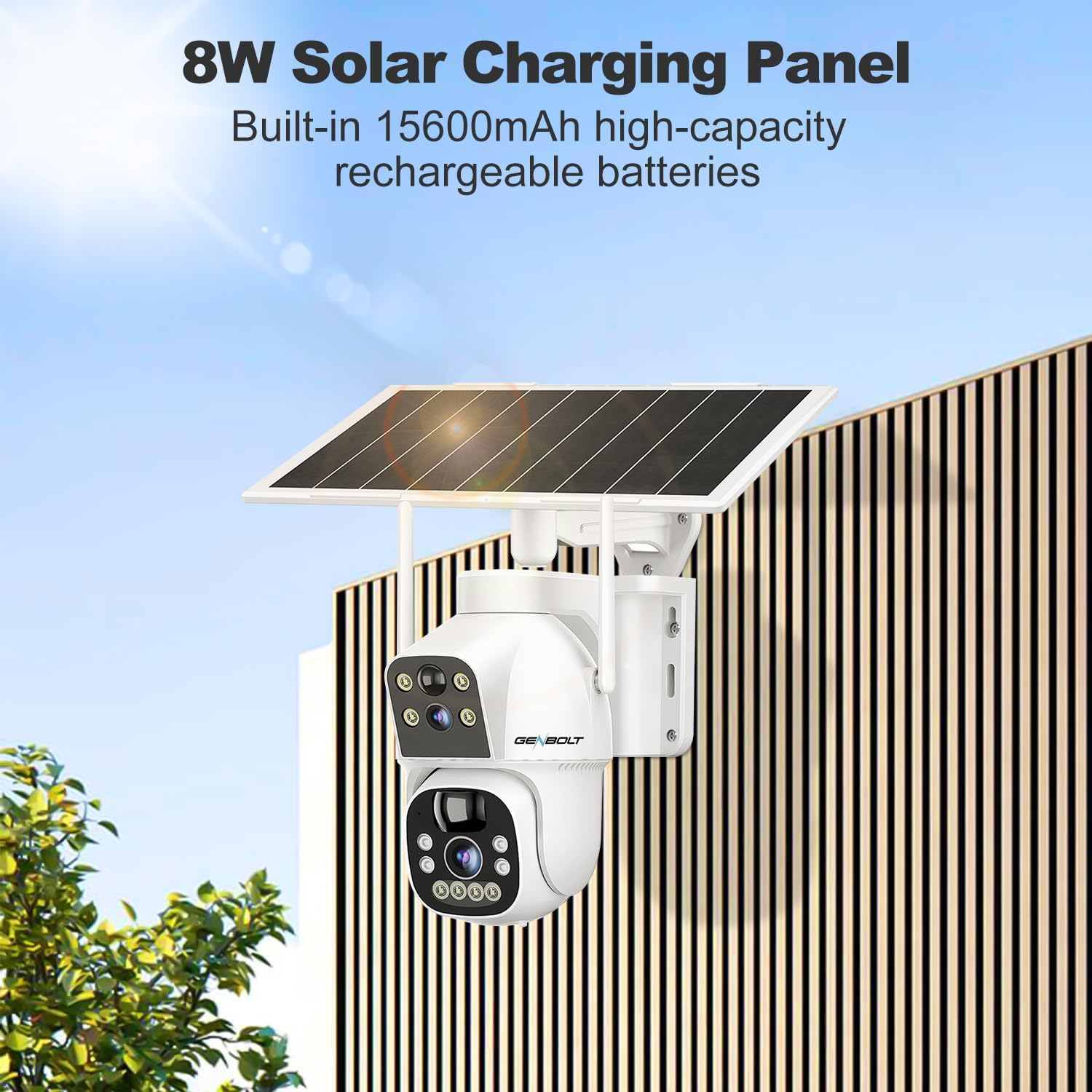 GENBOLT Solar Wifi Security Camera Outdoor Wireless, 8W 15600Mah Battery Powered Home Surveillance Camera CCTV with Dual View, Dual Lens Spotlight IP Camera with Color Night, PIR Detection image number 3