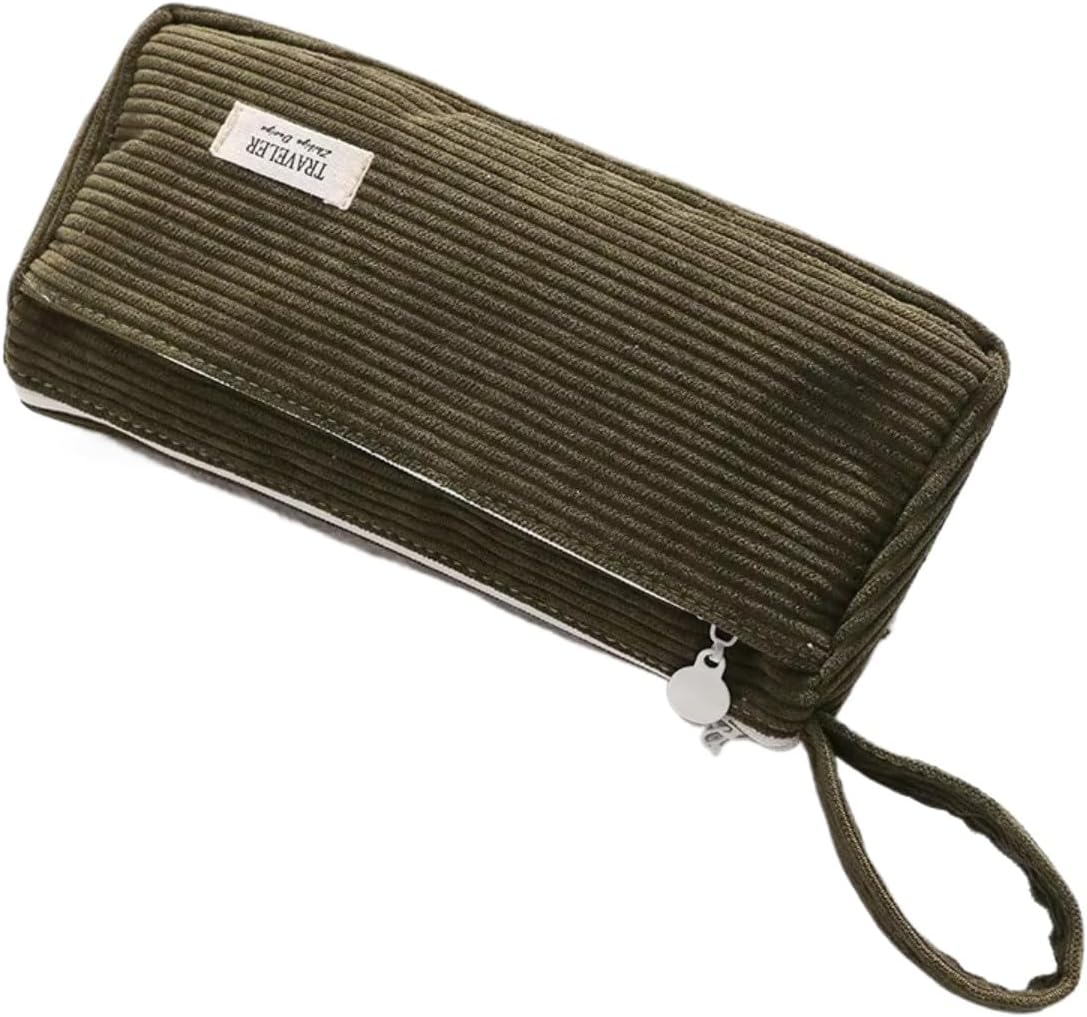 DDPOND Corduroy Makeup Bag Coquette Preppy Cosmetic Bag Case Small Make up Pouch Y2K Preppy Travel Toiletry Organizer (Dark Green)