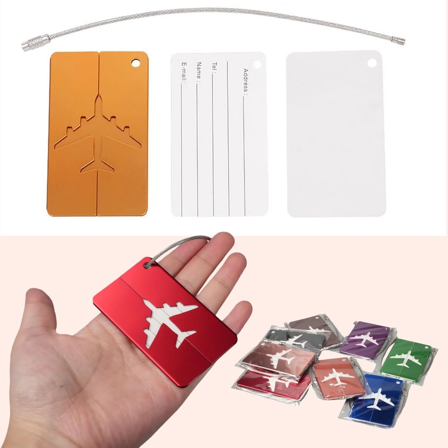 Fortuneglobe 8-Piece Aluminum Alloy Luggage ID Tags with Steel Wire Loops &ndash; Airplane-Themed Privacy Design for Suitcases, Bags & Travel Gear image number 3