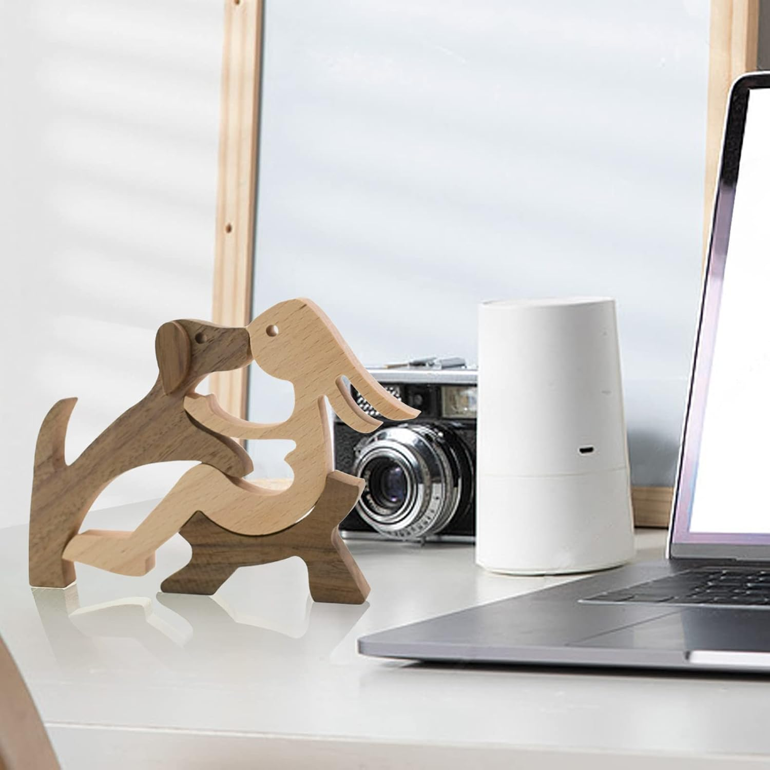 Enkrio Wooden Dog Figurines Hand Carved Wood Dog Human Sculpture Statue Handmade Accents Crafts Wooden Adorn Standing Tabletop Decoration Ornament for Home Decor image number 2