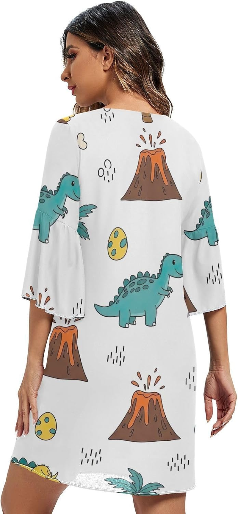 Cute Cartoon Dinosaurs White V Neck Dress Printed Line Maternity Dress image number 4
