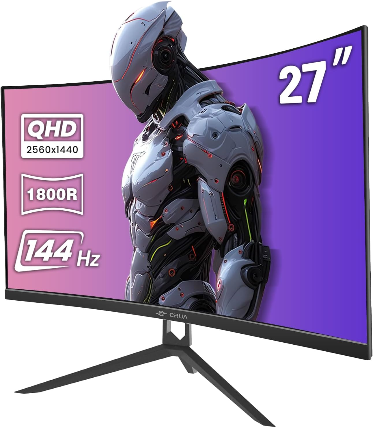 CRUA 27" Curved Gaming Monitor, 2K QHD (2560X1440), 144Hz Computer Monitor, 1800R Curvature, 120% Srgb, Freesync, Frameless Design, HDMI 1.4, DP 1.2, Wall Mountable- Black