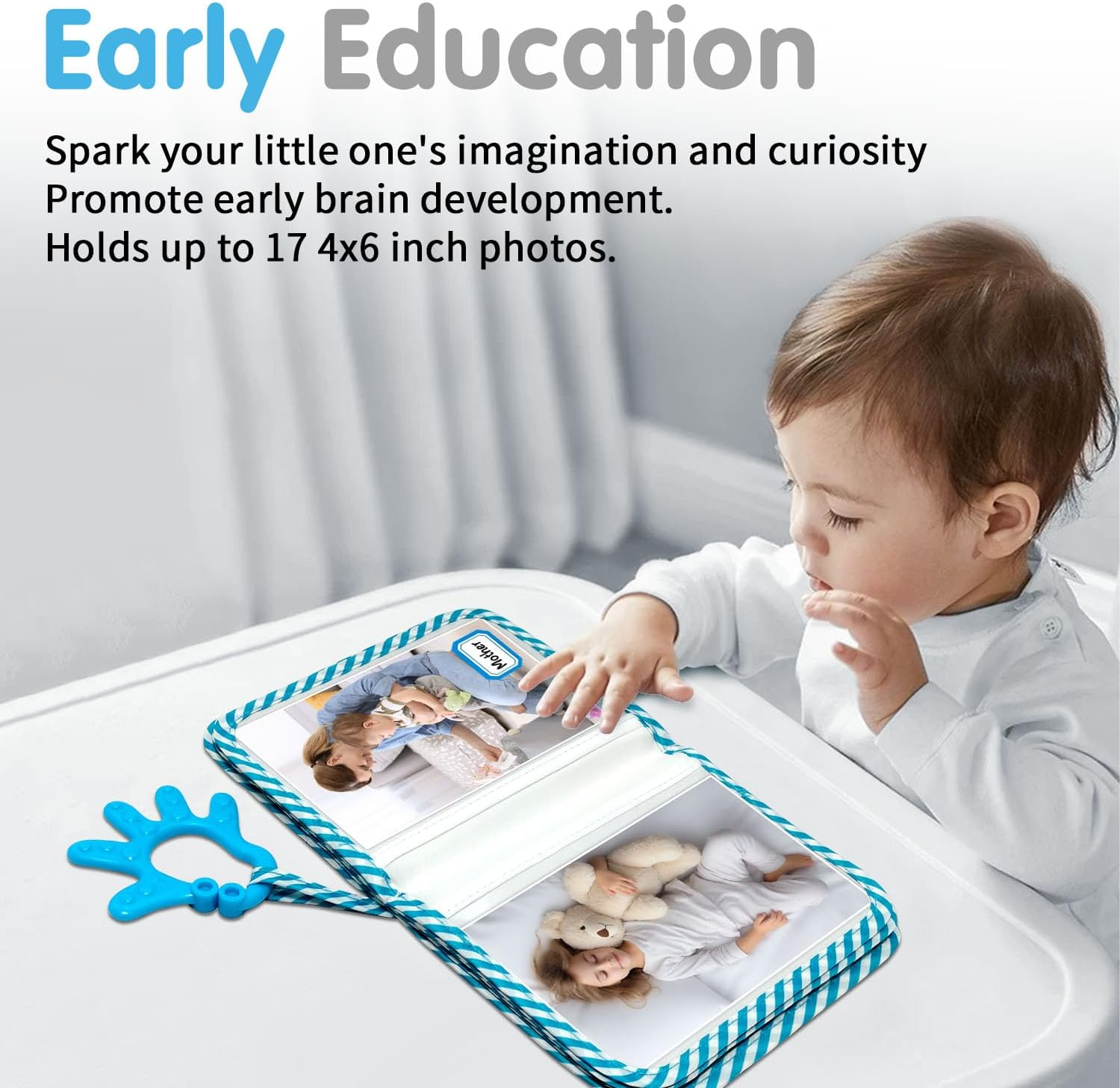 BOHEMIABY Baby Photo Album, My First Soft Photo Book Accommodates 4X6 Photos, Photo Albums with Milestones, Safety Mirror First Birthday (Blue Palms) - White Sunflowers image number 7