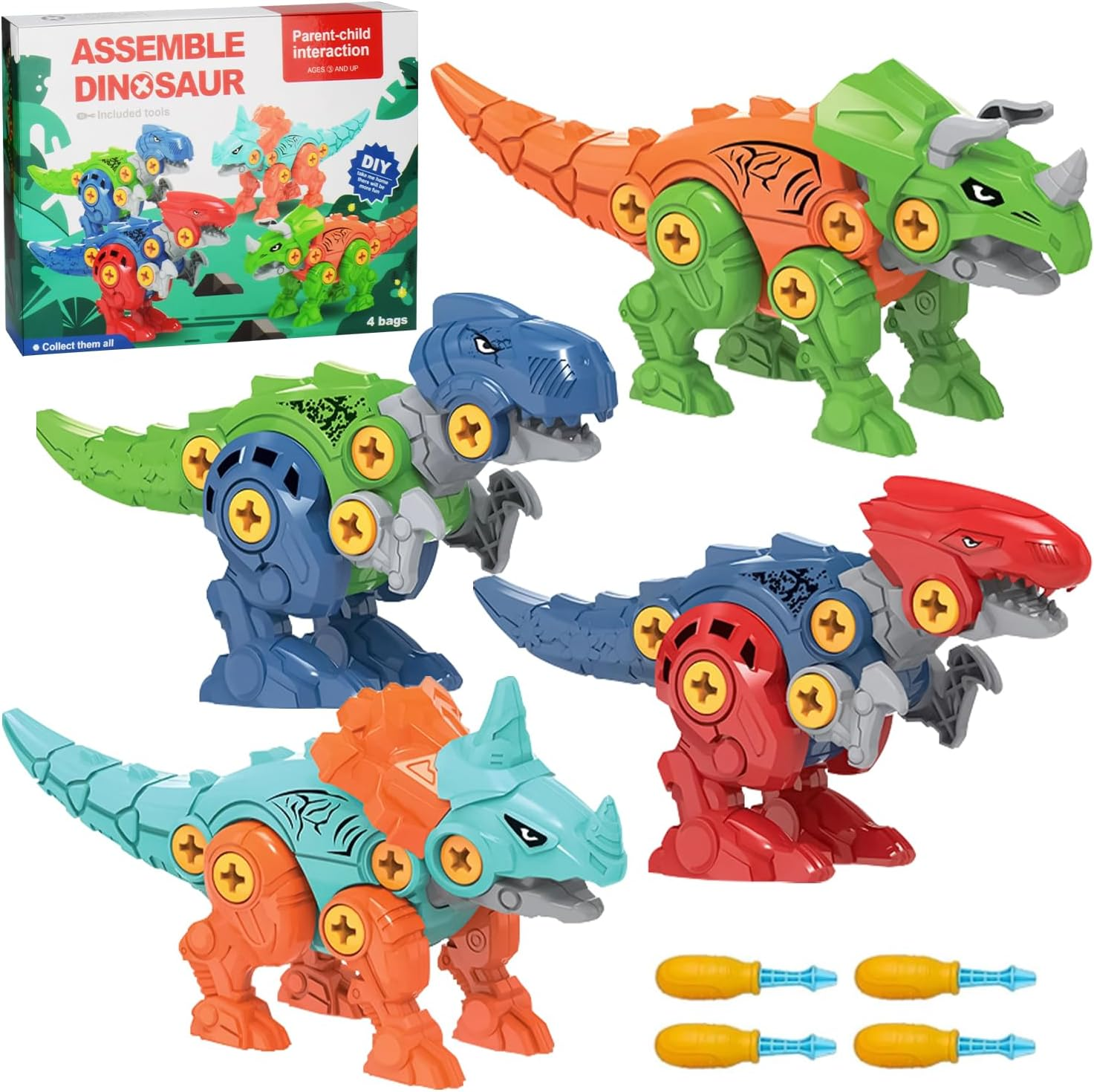 Yakiter 4 Pack Take Apart Dinosaur Toy, Educational Building Dinosaur Toy for 3 4 5 6 7 Year Old Kid Boy Girl, STEM Toy Birthday Gift Children Learning Construction Toy with Hand Drill Tool image number 1