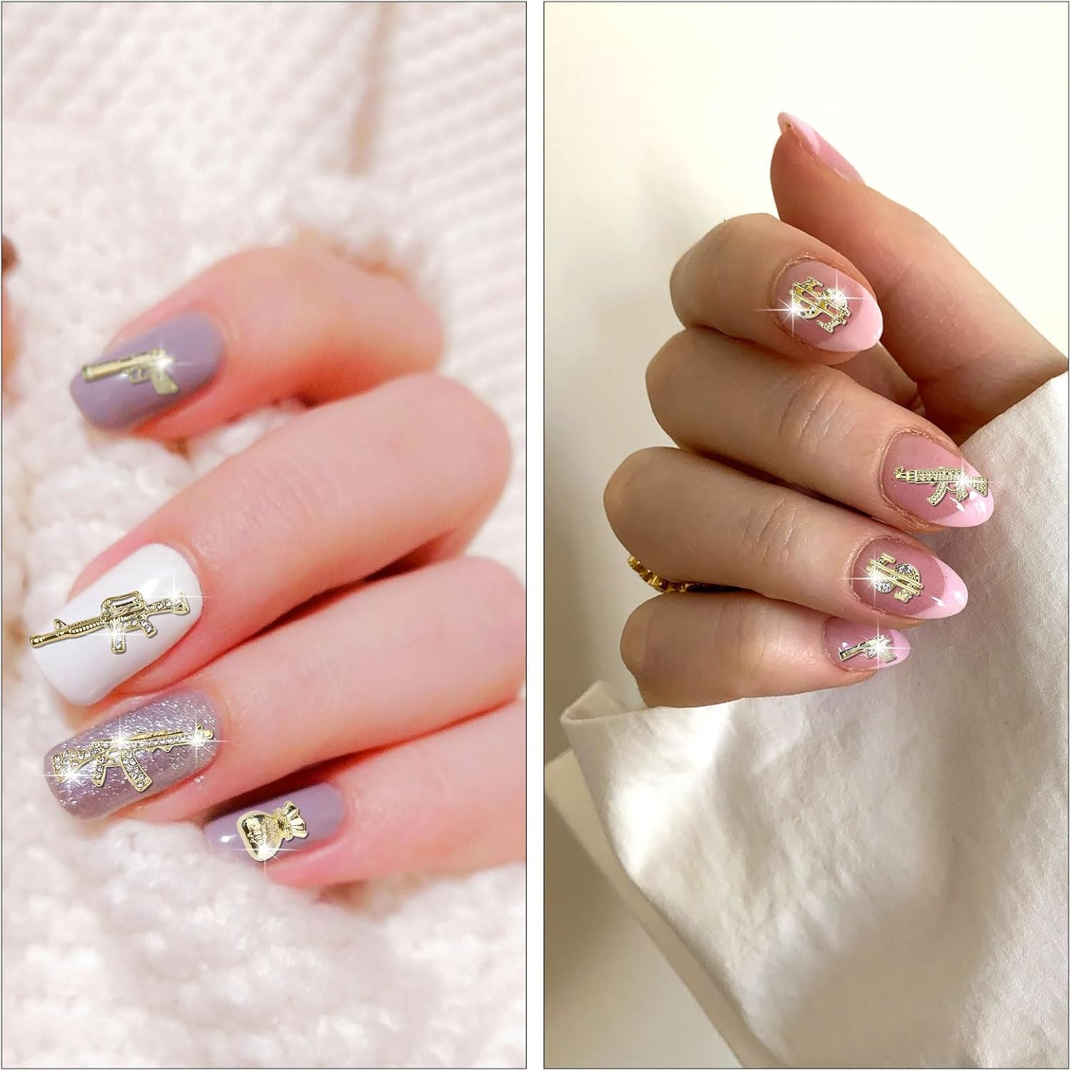 62Pcs 3D Nail Ornaments Gold Alloy Gun Dollar Shape Nail Decoration Accessories for Women Girls Manicure Design DIY Crafts image number 4