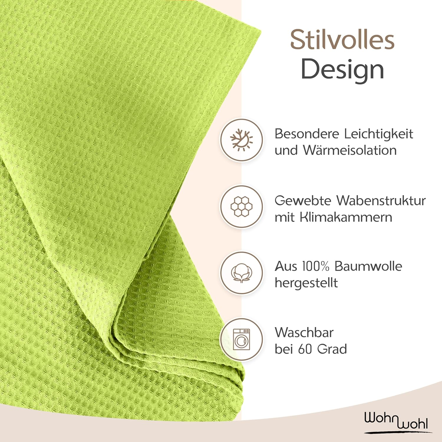 WOHNWOHL Bedspread 220 X 240 Cm &bull; Waffle Pique Lightweight Summer Blanket Made of 100% Cotton &bull; Airy Sofa Blanket Versatile &bull; Easy Care Blanket &bull; Cotton Blanket Colour: Green image number 3