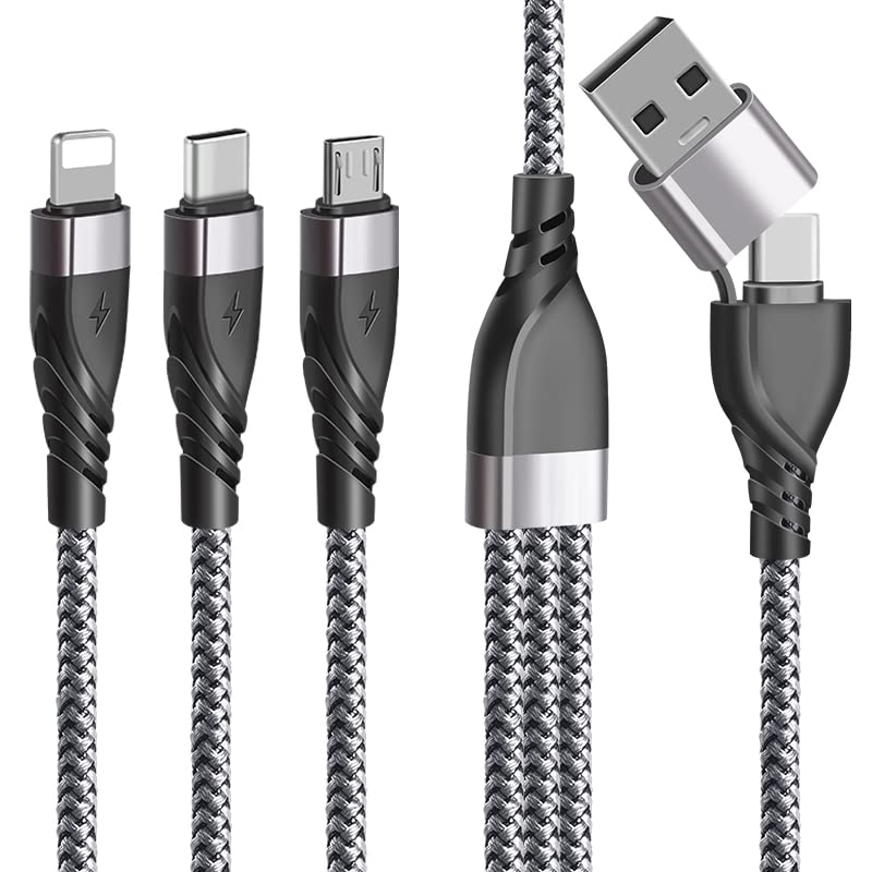 Multi Charging Cable, USB A/USB C Multiple Charger Cable Braided 5 in 1 Fast Charging Cord with Type-C/Micro USB/IP Port for Phone 16 15 14 13 12 11 Samsung Galaxy Tablets Android and More- 1.2M