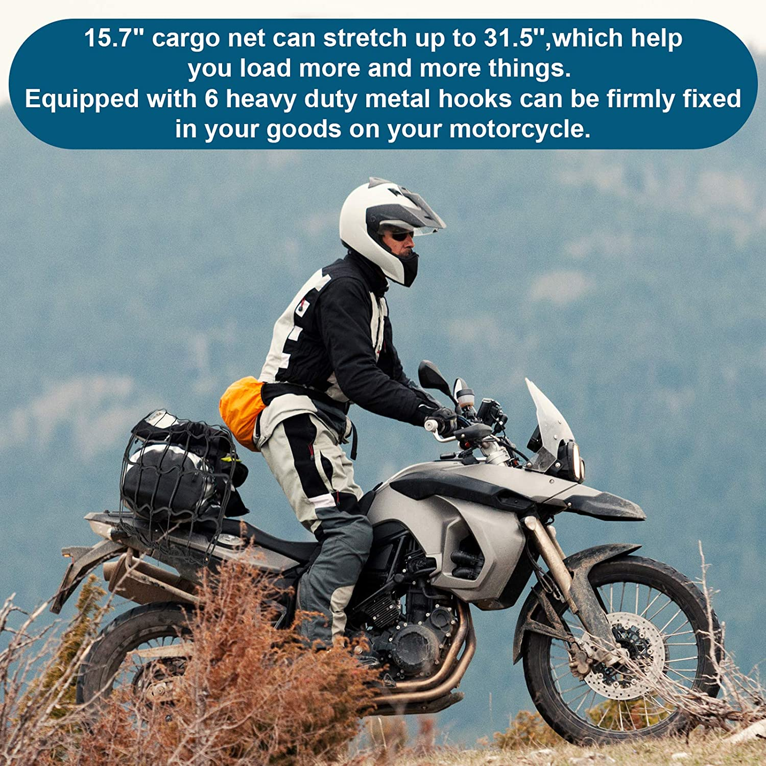 2Pack 15.7"X15.7" Cargo Net, Heavy Duty Bungee Net Stretches to 31.5"X31.5", Gear Helmet Luggage Thicken Netting with 3"X3" Small Mesh & 6 Adjustable Metal Hooks for Motorcycle, Bike, ATV (4040) image number 2