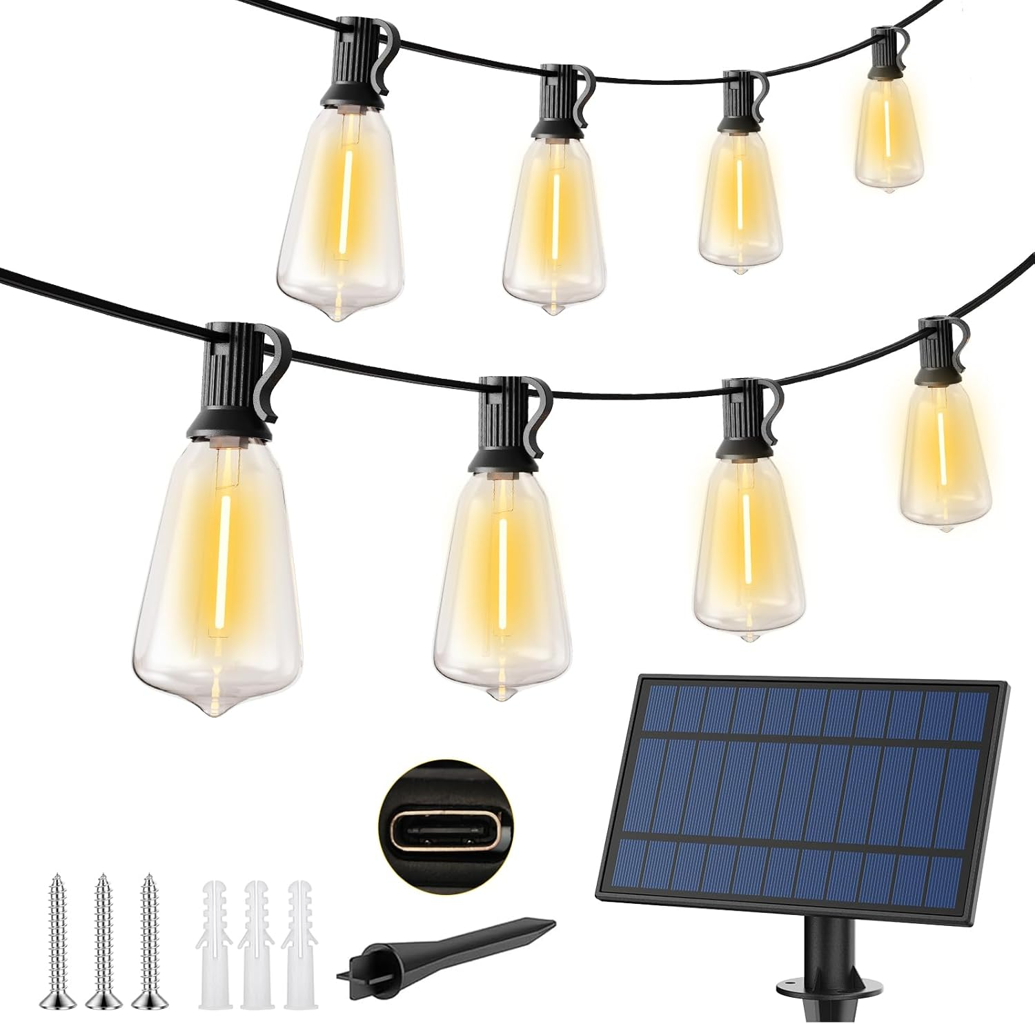 ROSHIN ST38 Solar Festoon Lights Outdoor, 15M(49FT) 15 Bulbs+1 Spare LED String Outdoor Lights, IP45 Waterproof and Shatterproof Fairy Lights for Beach, Garden, Yard, Camping, Party, Wedding image number 1