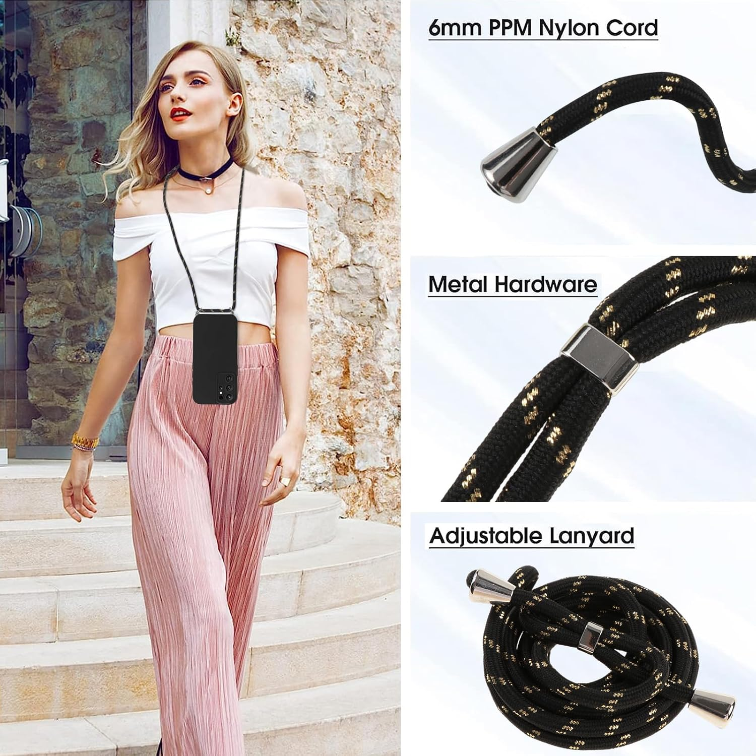 Vauki Mobile Phone Strap Case for Samsung Galaxy S25 Ultra with Strap, Mobile Phone Case with Cord, Soft Silicone TPU Shockproof Bumper with Chain for Hanging for Samsung S25 Ultra, Lanyard Black