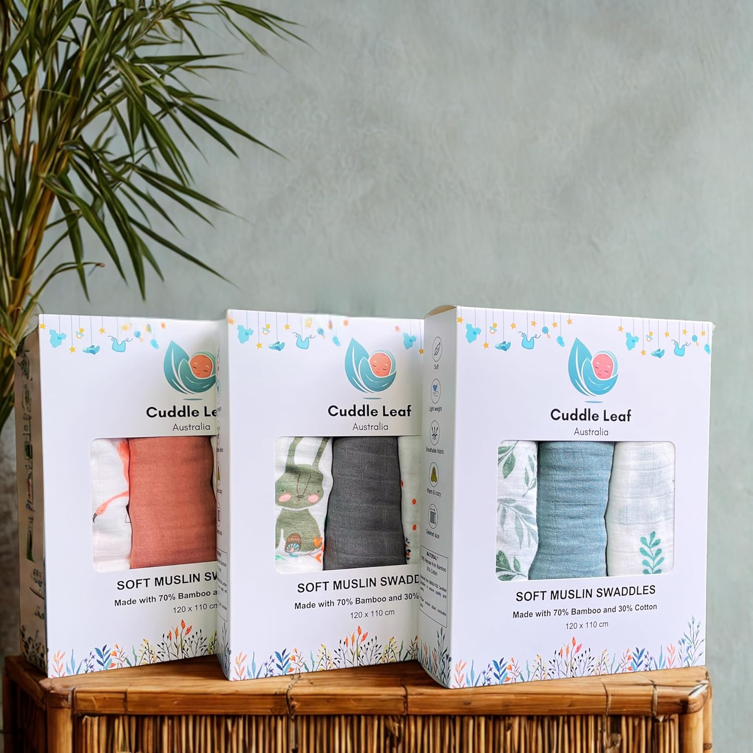 Muslin Baby Swaddle Blanket/Wrap Set &ndash; 70% Bamboo & 30% Cotton &ndash; Soft, Lightweight, Breathable &ndash; Oeko-Tex Certified &ndash; 3-Pack &ndash; 120X110 Cm (Garden Whisper)