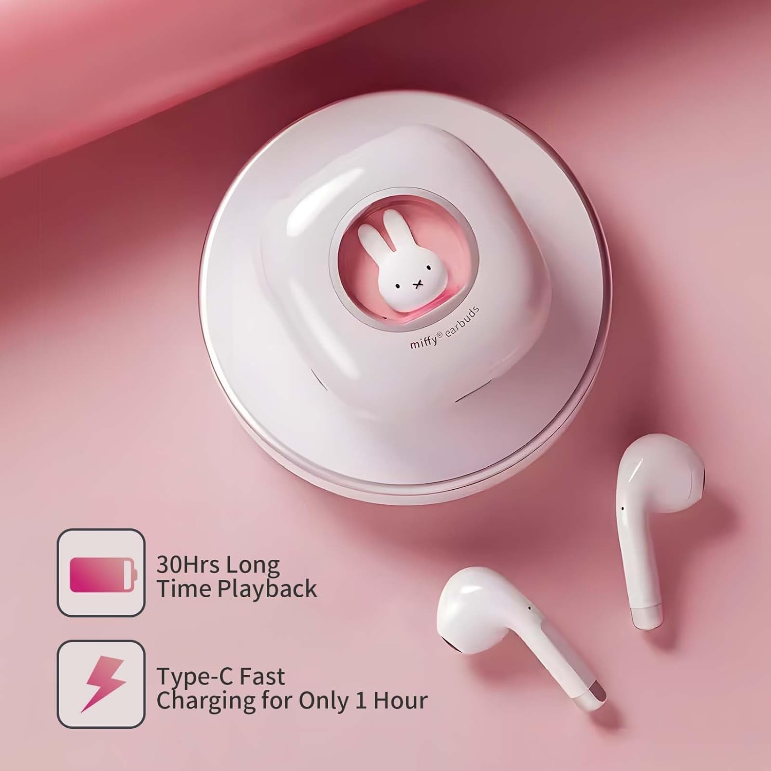 MIPOW X Miffy BT5.3 Wireless Earbuds, Rabbit Design, IPX7, 36 Hours Playtime with Case, AI ENC Noise Cancelling, Sports/Work Earbuds (Pastel Pink) image number 3