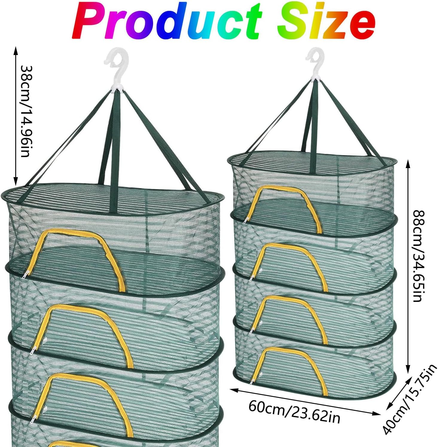 Mtxorvix Herb Drying Rack, 4 Layers Hanging Mesh Net with Zipper, Rack Netmesh Hanging Dryer, Closure Foldable Mesh Drying Rack for Clothes Toys Vegetables Fruits Fish (Dark Green)