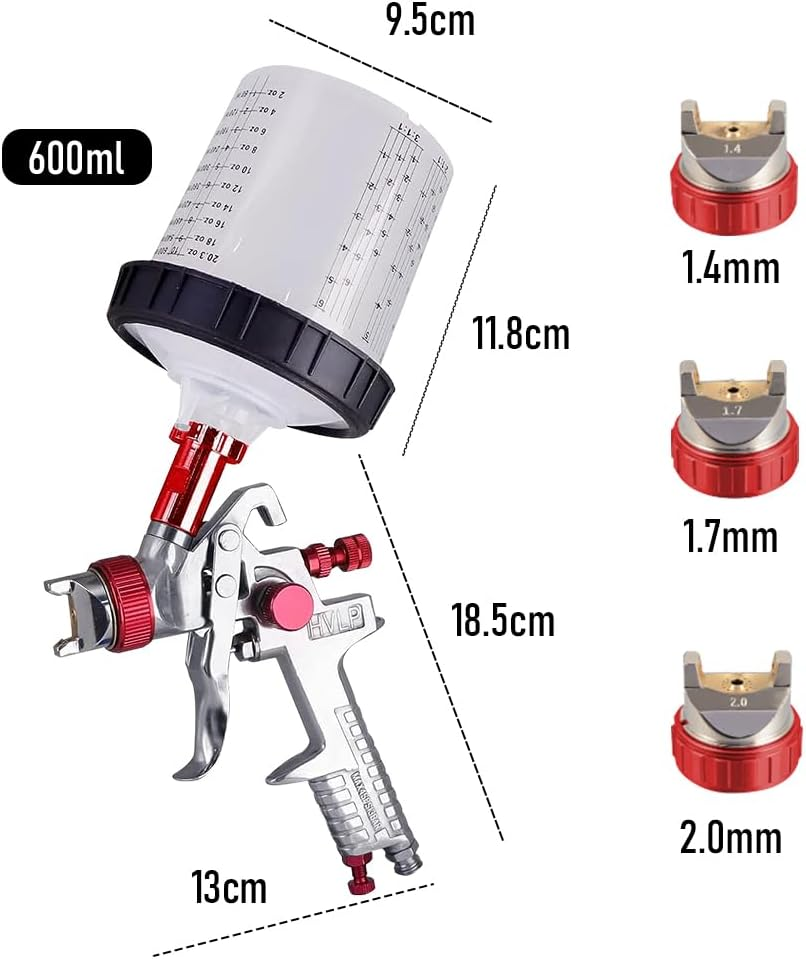 Alston HVLP Air Spray Gun Paint Gun 600CC Gravity Feed Cup Painting Tool with 3 Nozzle 1.4Mm 1.7Mm 2Mm Tips for Wall Fencing Decking Painting image number 5