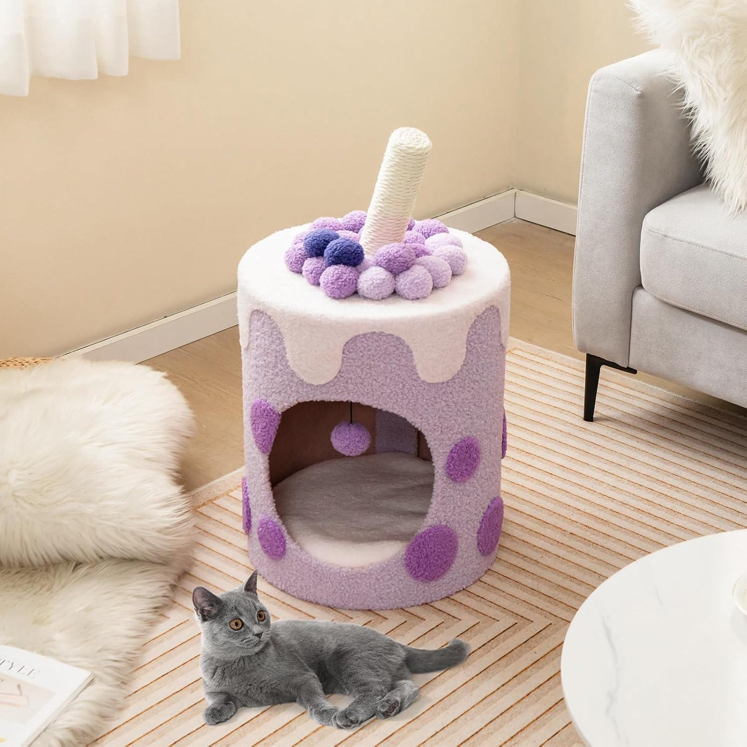 Costway Bubble Tea Cat Tree Tower Cat Condo Furniture W/Scratching Post Dangling Ball Toy Multifunctional Cat Furniture Indoor Cats Cute Kitten Activity Center (Purple & White) image number 5