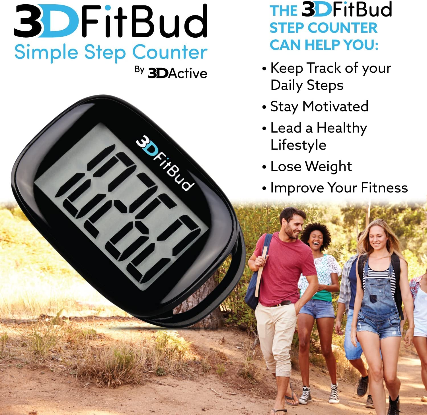 3Dfitbud Simple Step Counter Walking 3D Pedometer with Lanyard A420S (Black) image number 2