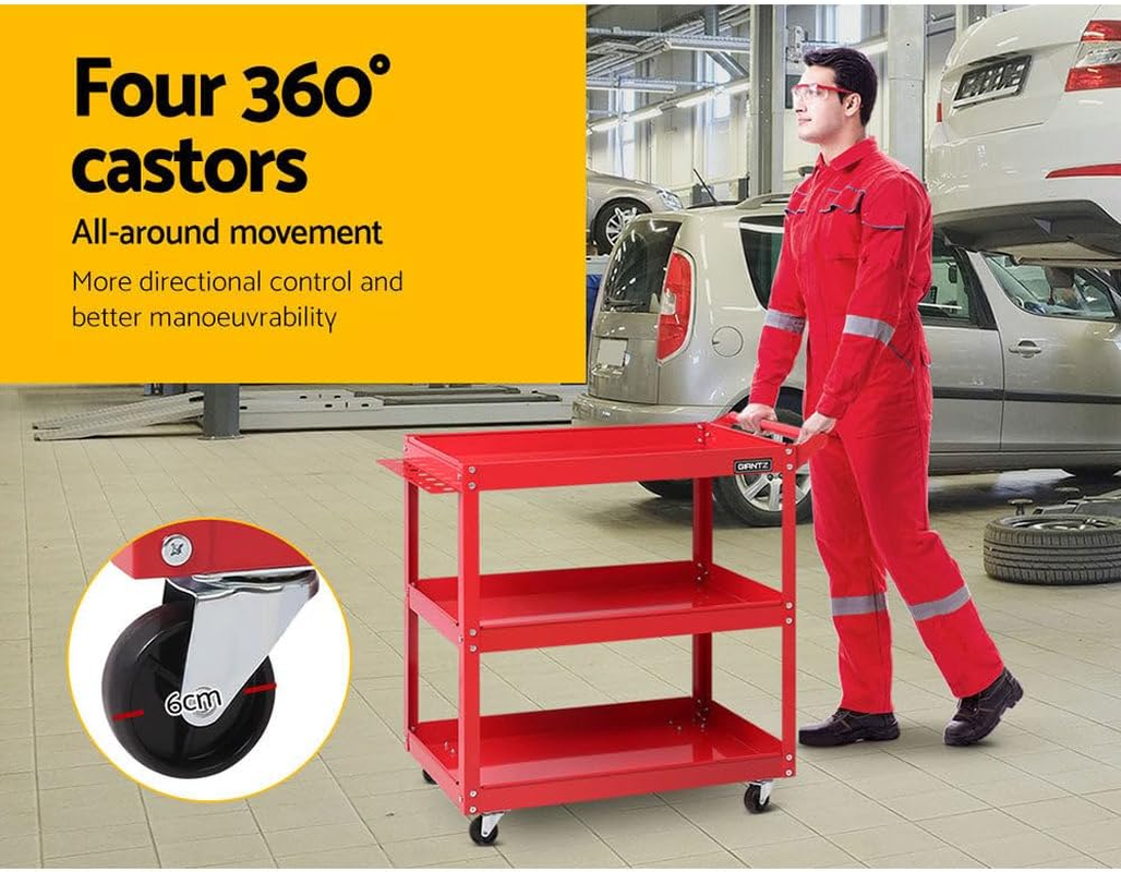 Giantz 3 Tier Steel Tool Trolley, Tools Storage Trolleys Cart Mechanic Rolling Carts Garage Bar Workshop Warehouse Organiser, 150Kg Capacity Rust Resistant Lockable Castors Red image number 4