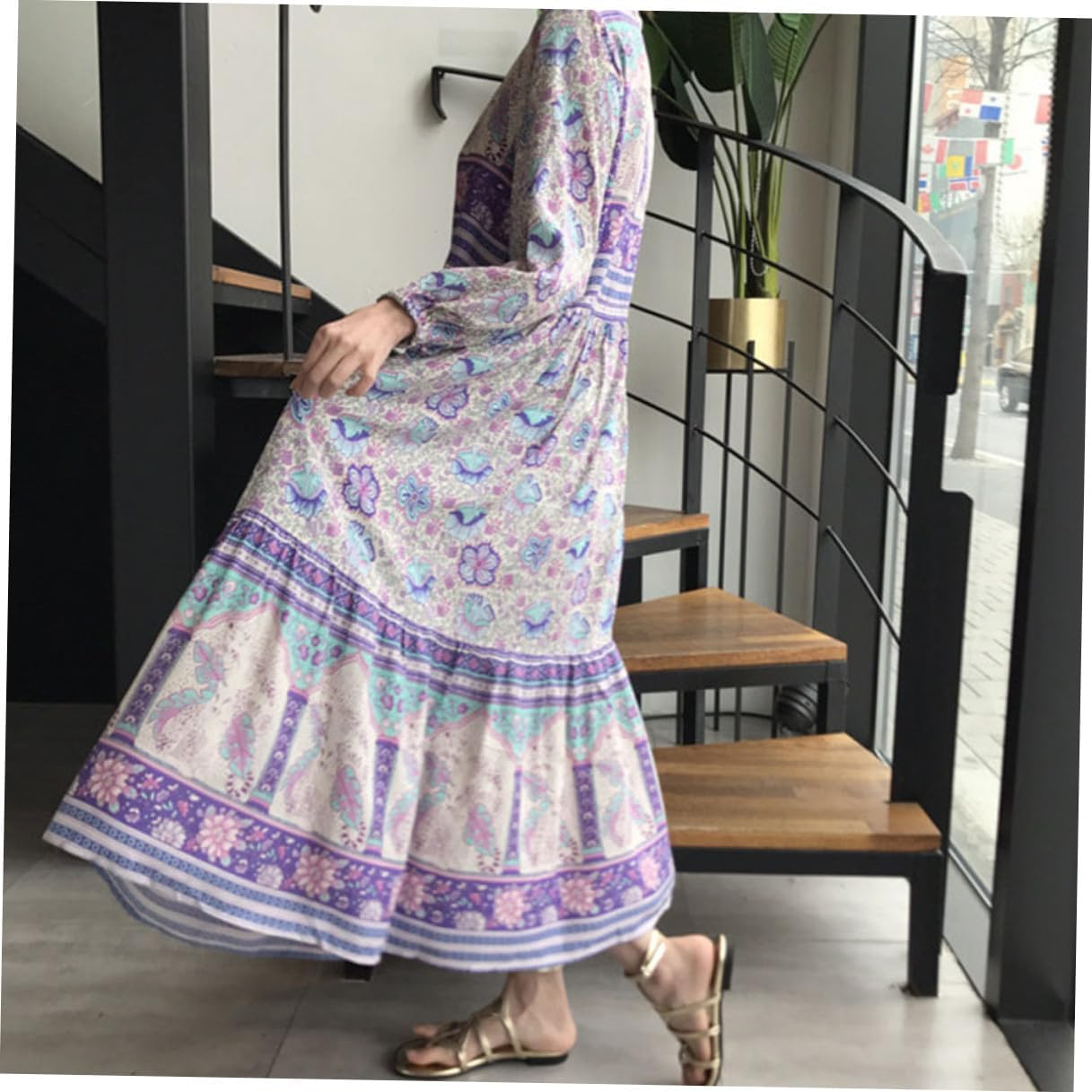 Bohemia Style Maxi Dress for Women Long Sleeve Lapel Elegant Party Wear Dress Casual Daily Workwear Blue image number 5