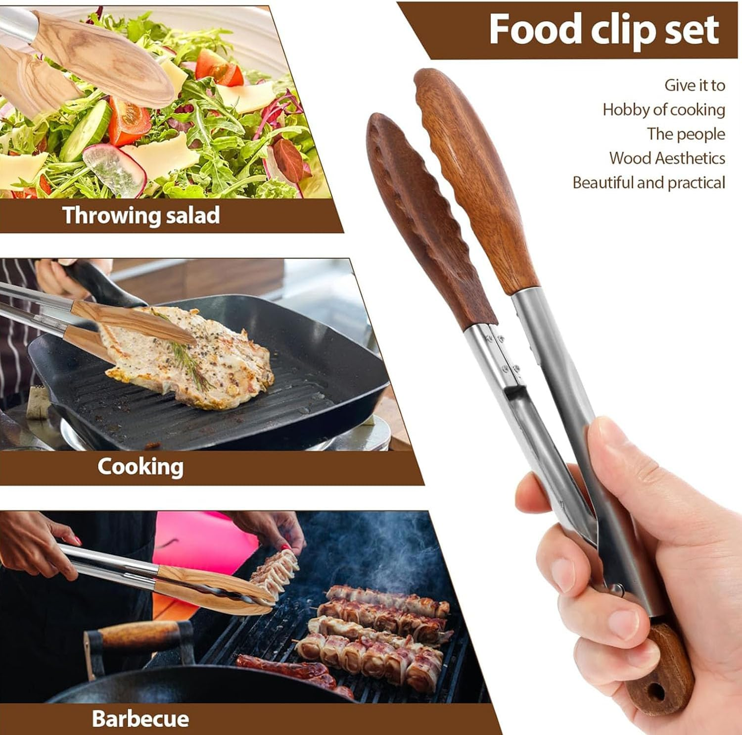 BEANPRECOY 2 Pack 15 Inch Walnut Wooden Kitchen Tongs for Cooking, BBQ & Salad Natural Wooden Tips for Toaster, Bread, Pickles Durable & Heat-Resistant Utensils image number 5