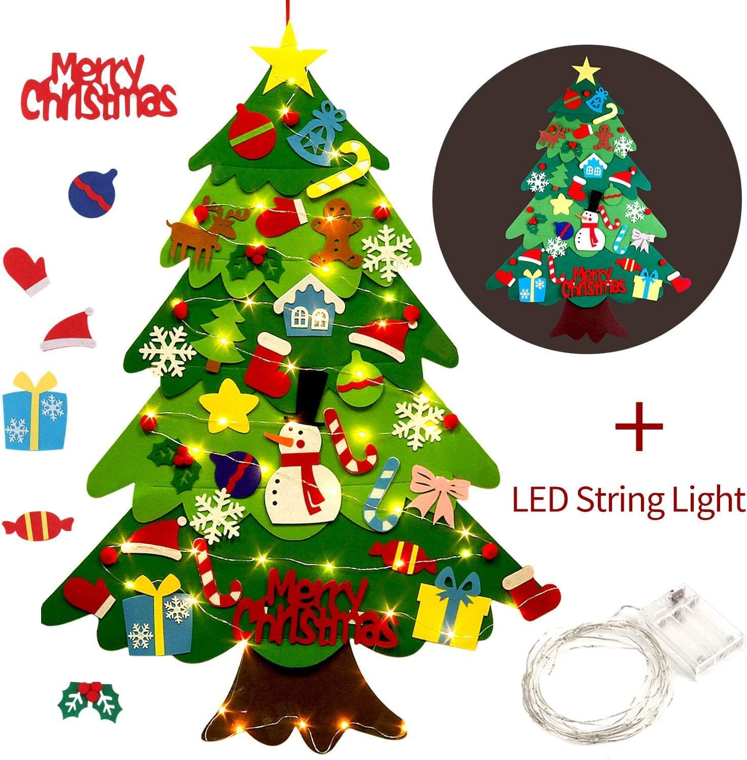 DIY Lighted Felt Christmas Tree Set Xmas Decorations Wall Hanging 32 Ornaments Kids Gift with String Light (Batteries Not Included) image number 4