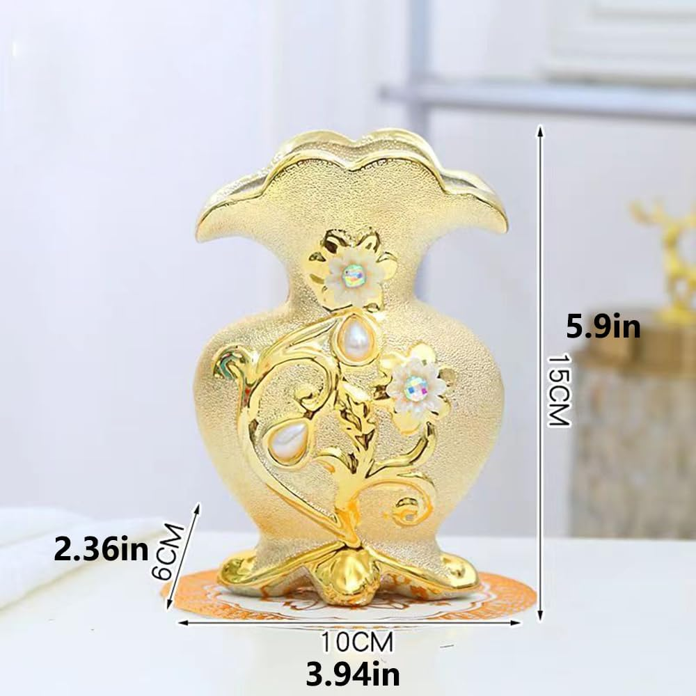 Hbluefat Fake Flowers in Vase,Mini Artificial Flower with Golden Ceramic Vase,Small Silk Roes Faux Flower Arrangements for Home Office Dining Table Centerpiece Coffee Table Decor (B Style,Red-Bud) - B Style,Red-Bud image number 6