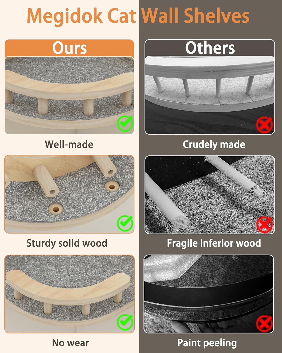 Megidok Corner Cat Climbing Shelf Perches Set Furniture, Cat Bed Wall Mounted with Soft Cushion, Modern Floating Stairs for Wall Indoor-Wood Color&shy; image number 4