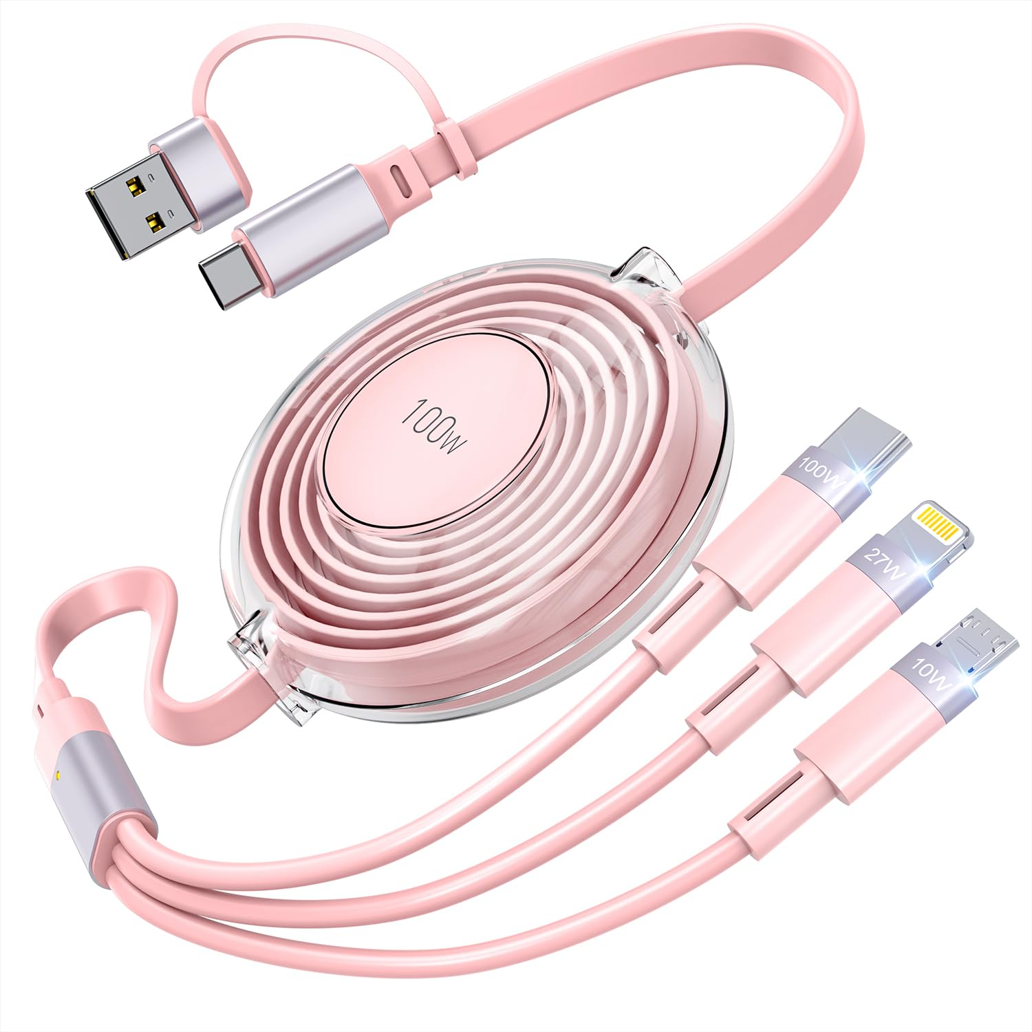 3-In-1 Retractable Multi Charging Cable, 100W Fast Charging USB-C/A to Lightning/Usb-C/Micro USB for Iphone 17, 16/15 14 Pro Max, Samsung, Travel Charger for Multiple Device - Transparent (Black)