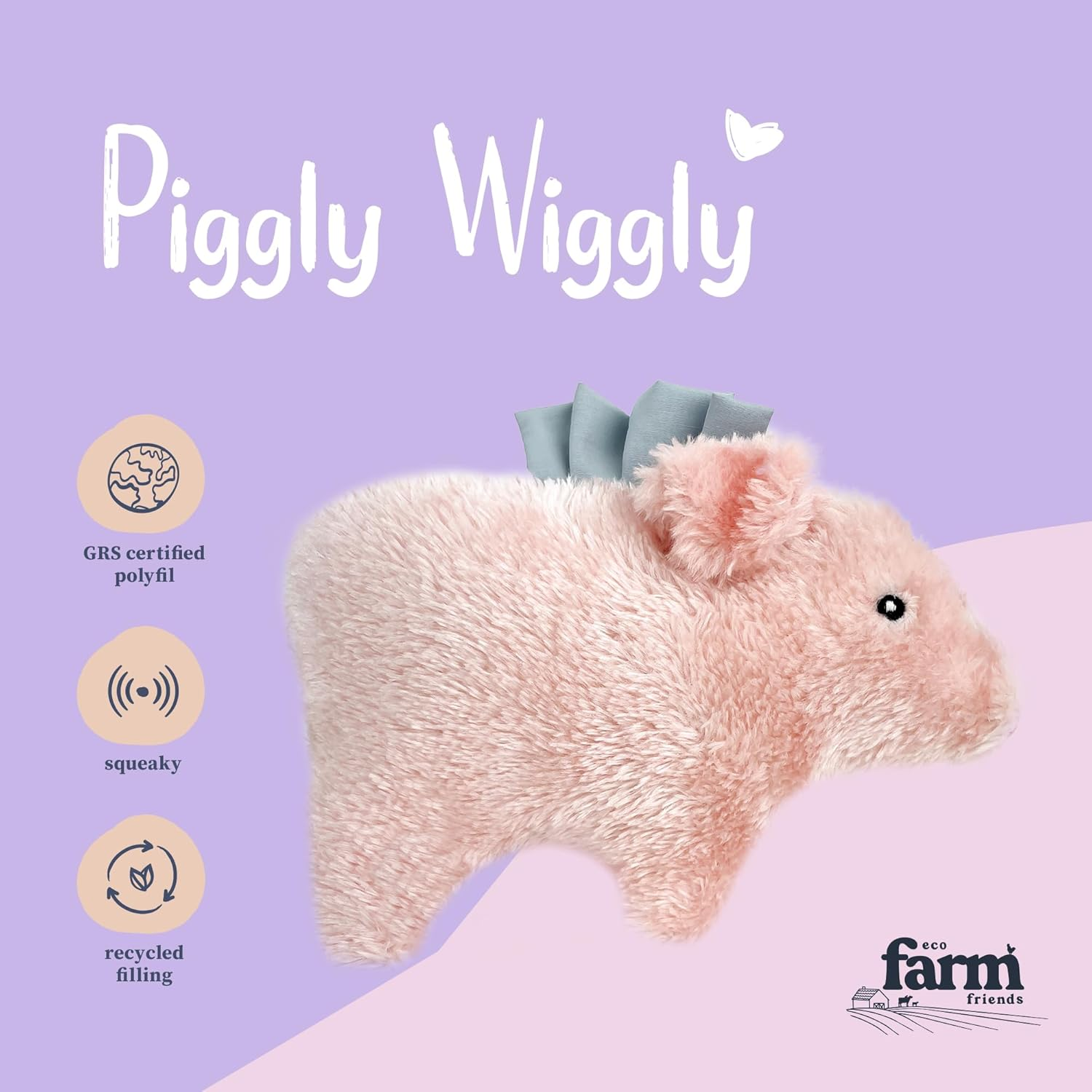 Eco Farm Friends Dog Toy Piggly Wiggly, Pink - Soft & Cuddly Squeaky Plush, Recycled Filling, GRS Certified image number 3