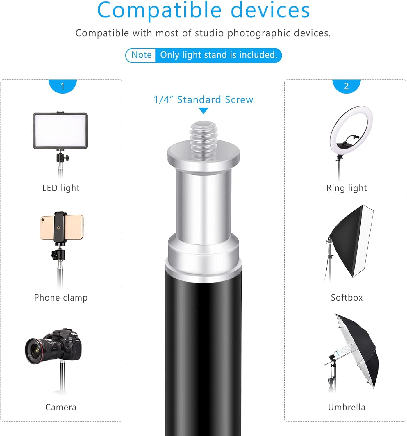6.8FT/210CM Photography Light Stand Adjustable Heavy Duty Metal Tripod Stand Support System with 1/4" Screw for Studio Kits, Lights, Softboxes, Umbrellas, Ring Light, Reflectors, Backdrops image number 2