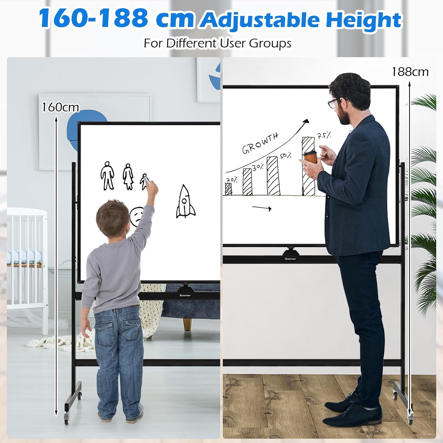 Costway 90 X 120 Cm Mobile Magnetic Whiteboard, Double-Sided Reversible & Lockable Free-Standing Whiteboard, Adjustable-Height, 360&deg; Rolling Dry Erase Board with Flip Chart for School, Office, Home image number 3