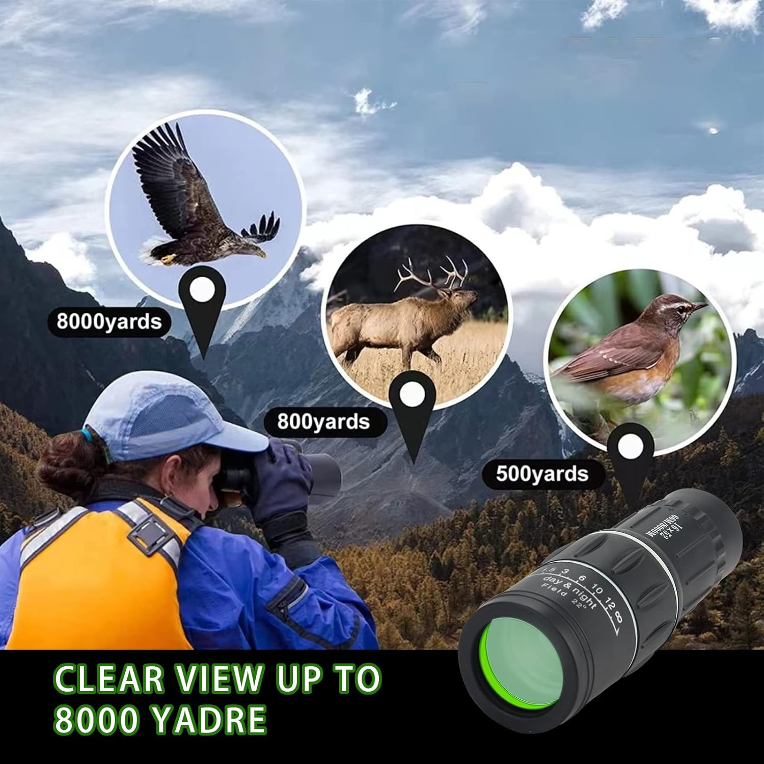 16X52 Monocular Telescope, High Power Prism Compact Monoculars for Adults Kids HD Monocular Scope for Bird Watching Camping Hiking Concert Travelling image number 1