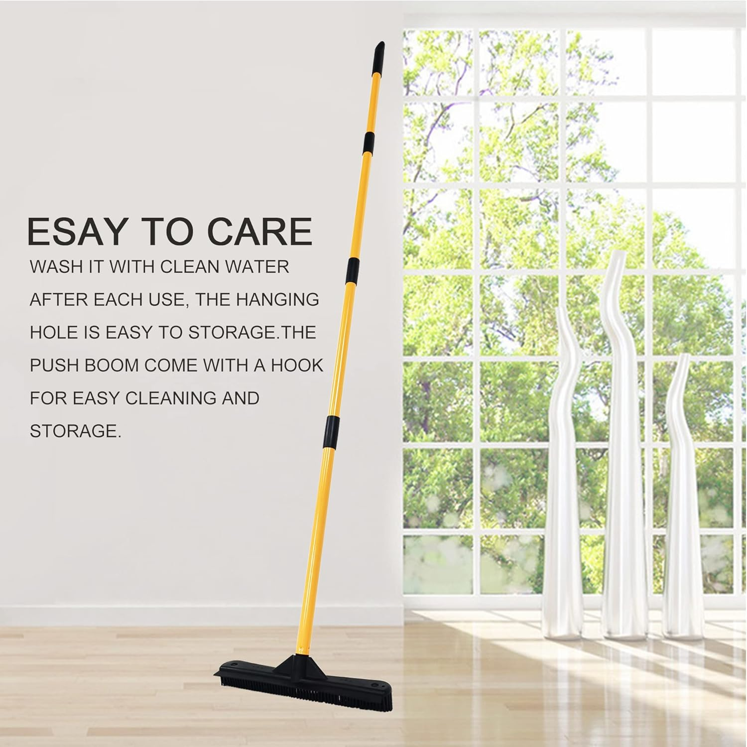 Push Broom,Pet Hair Removal Broom with Squeegee,Soft Silicone Bristle Broom with Long Handle,Non Scratch Carpet Sweeper Brush for Cat Dog Hair Hardwood(Orange) Extra Long for Tall People