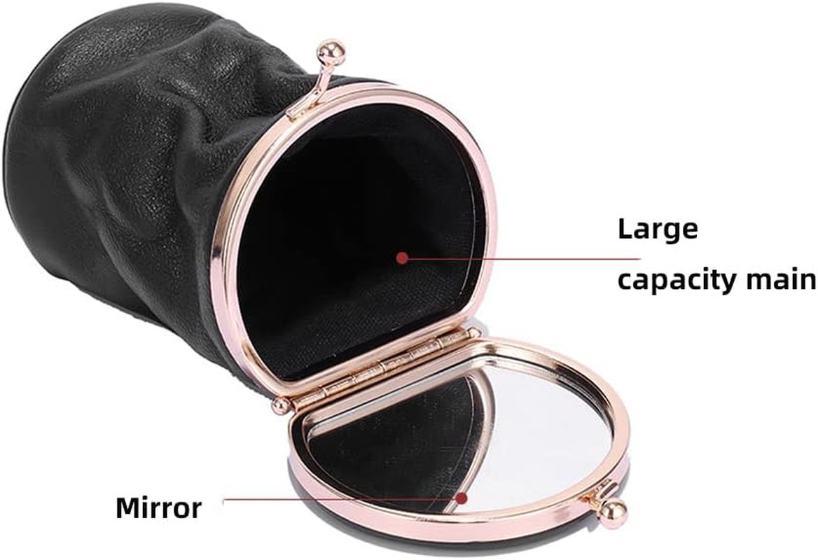 DDPOND Genuine Leather Clutch Cosmetic Bag for Women Lipstick Case Holder with Mirror Kiss Lock Makeup Purse Coin Pouch - Blue image number 2