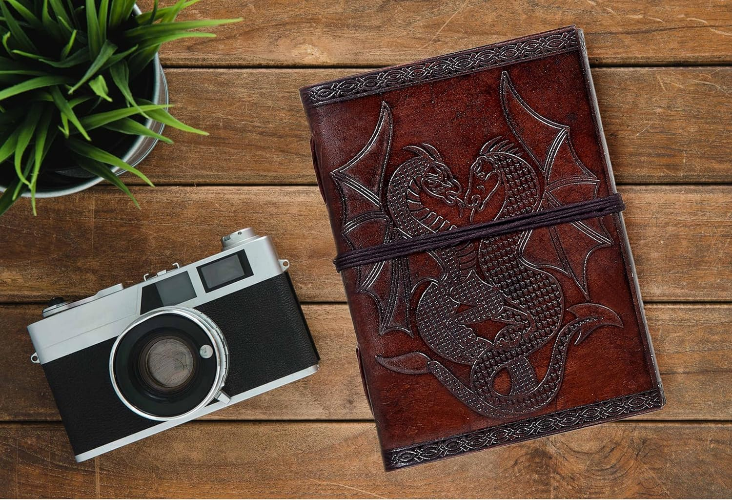 Azuregreen DOUBLE DRAGON Blank Page BOOK Handcrafted Leather Writing Unlined 5 X 7 JOURNAL (Brown) - Brown Leather image number 3