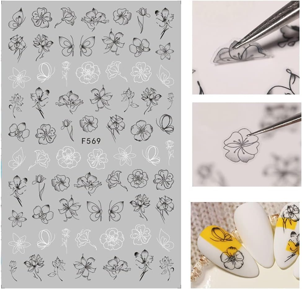 8 Sheets Black White Leaves Flowers Nail Stickers Decals,3D Self- Adhesive Retro Flower Vintage Vine Rose Flower Butterflies Nail Design Classic Fashion Simple Self Adhesive Sticker for Women Girls Nails Art DIY Decoration with 1 Pcs Anti-Static Tweezers image number 4